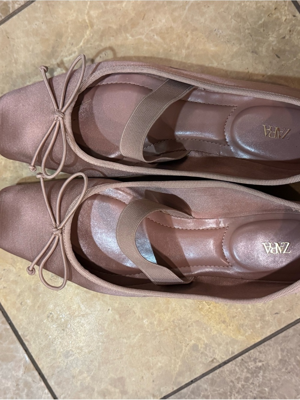 ZARA Rose Taupe Satin Ballet Flats with Bow and Elastic Strap